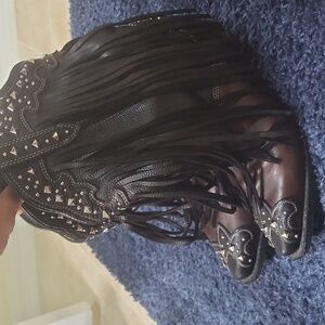 Rockin Countey Wide Calf Fringe Studded Cowboy Boots